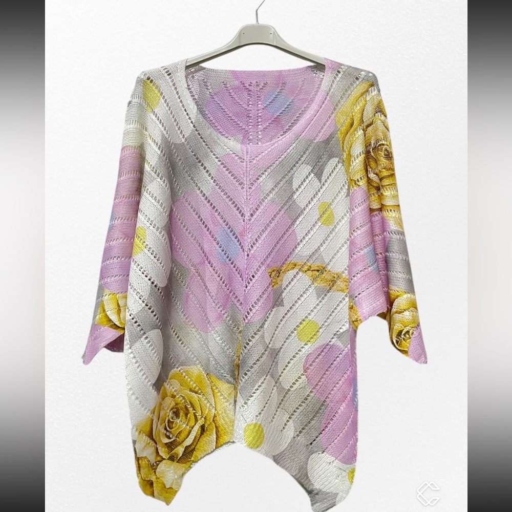 MADE IN ITALY Pink Gray Yellow Gold Floral Knit V Neck Cotton Crochet Top NWT